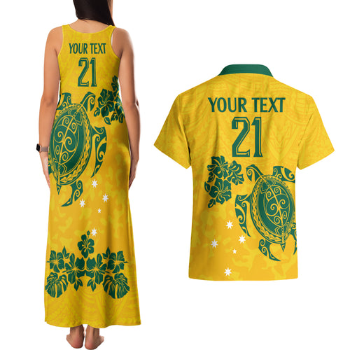custom-australia-soccer-couples-matching-tank-maxi-dress-and-hawaiian-shirt-socceroos-hibiscus-and-turtle-with-polynesian-pattern