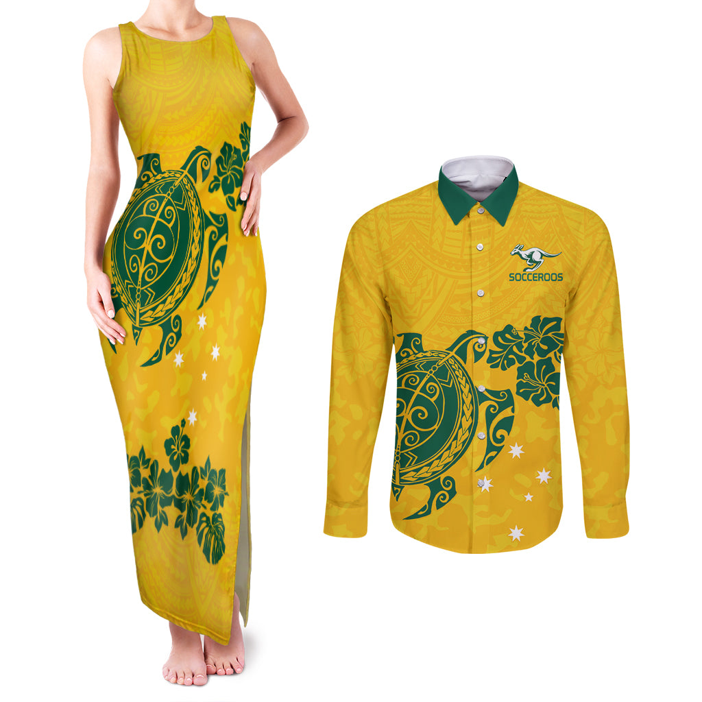 custom-australia-soccer-couples-matching-tank-maxi-dress-and-long-sleeve-button-shirt-socceroos-hibiscus-and-turtle-with-polynesian-pattern