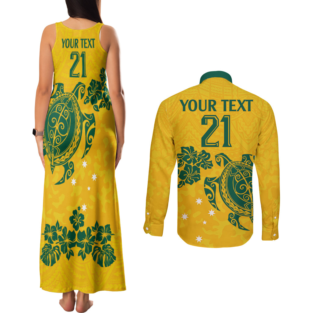 custom-australia-soccer-couples-matching-tank-maxi-dress-and-long-sleeve-button-shirt-socceroos-hibiscus-and-turtle-with-polynesian-pattern