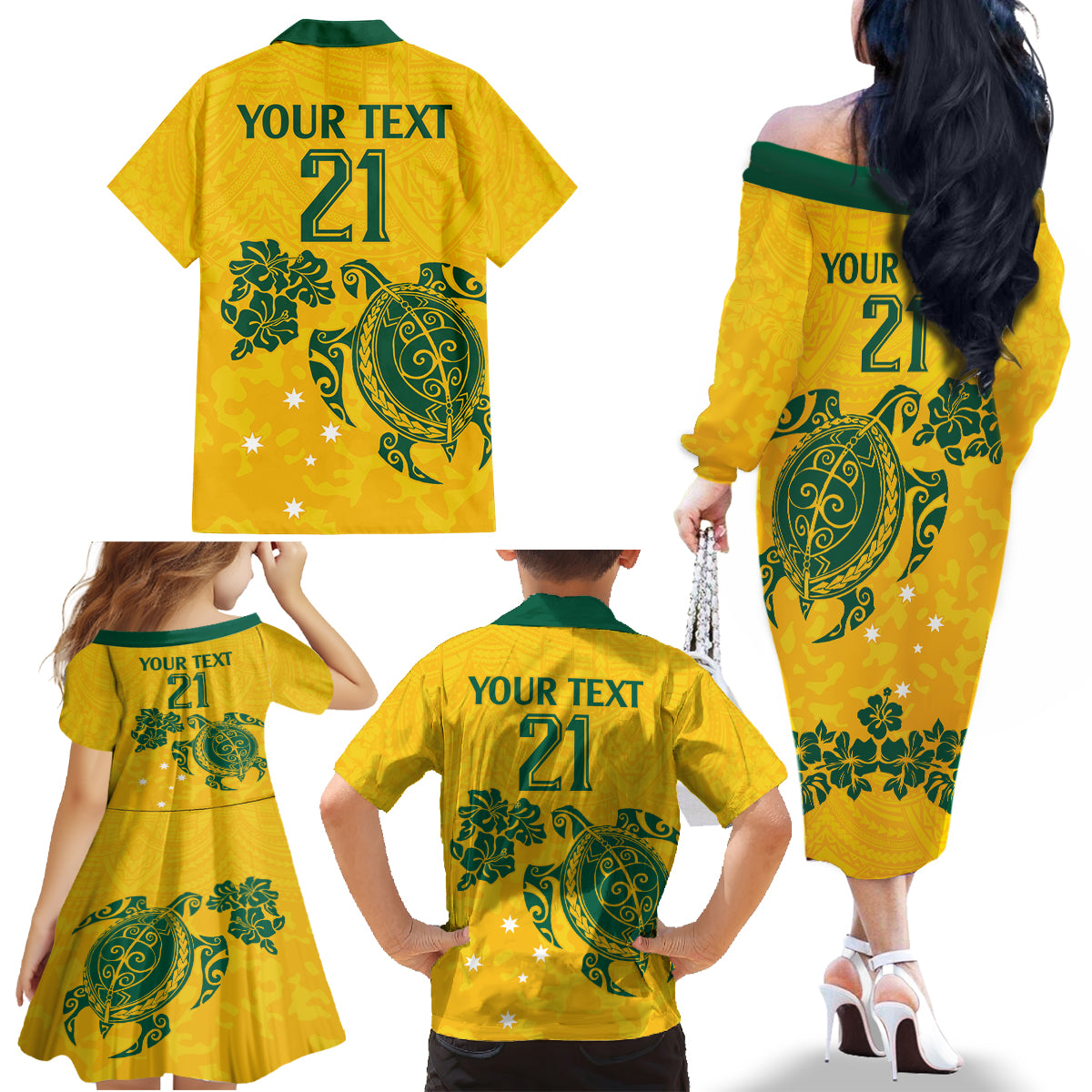 custom-australia-soccer-family-matching-off-shoulder-long-sleeve-dress-and-hawaiian-shirt-socceroos-hibiscus-and-turtle-with-polynesian-pattern