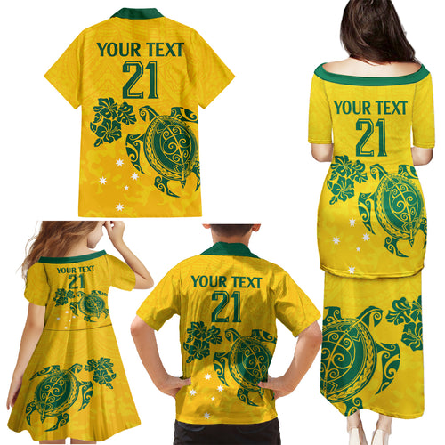 custom-australia-soccer-family-matching-puletasi-dress-and-hawaiian-shirt-socceroos-hibiscus-and-turtle-with-polynesian-pattern