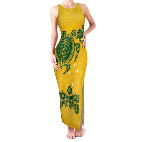 custom-australia-soccer-family-matching-tank-maxi-dress-and-hawaiian-shirt-socceroos-hibiscus-and-turtle-with-polynesian-pattern