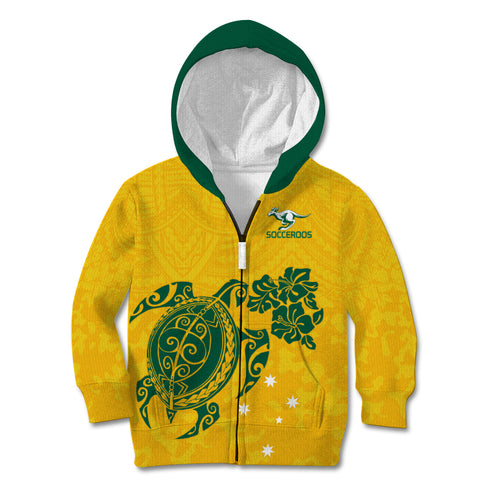 custom-australia-soccer-kid-hoodie-socceroos-hibiscus-and-turtle-with-polynesian-pattern