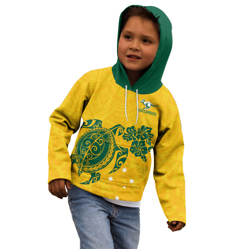 custom-australia-soccer-kid-hoodie-socceroos-hibiscus-and-turtle-with-polynesian-pattern