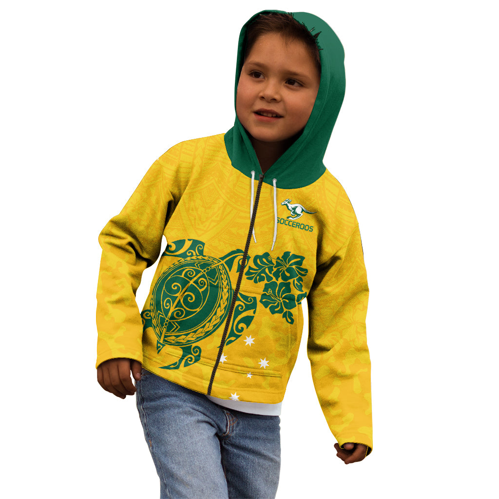 custom-australia-soccer-kid-hoodie-socceroos-hibiscus-and-turtle-with-polynesian-pattern