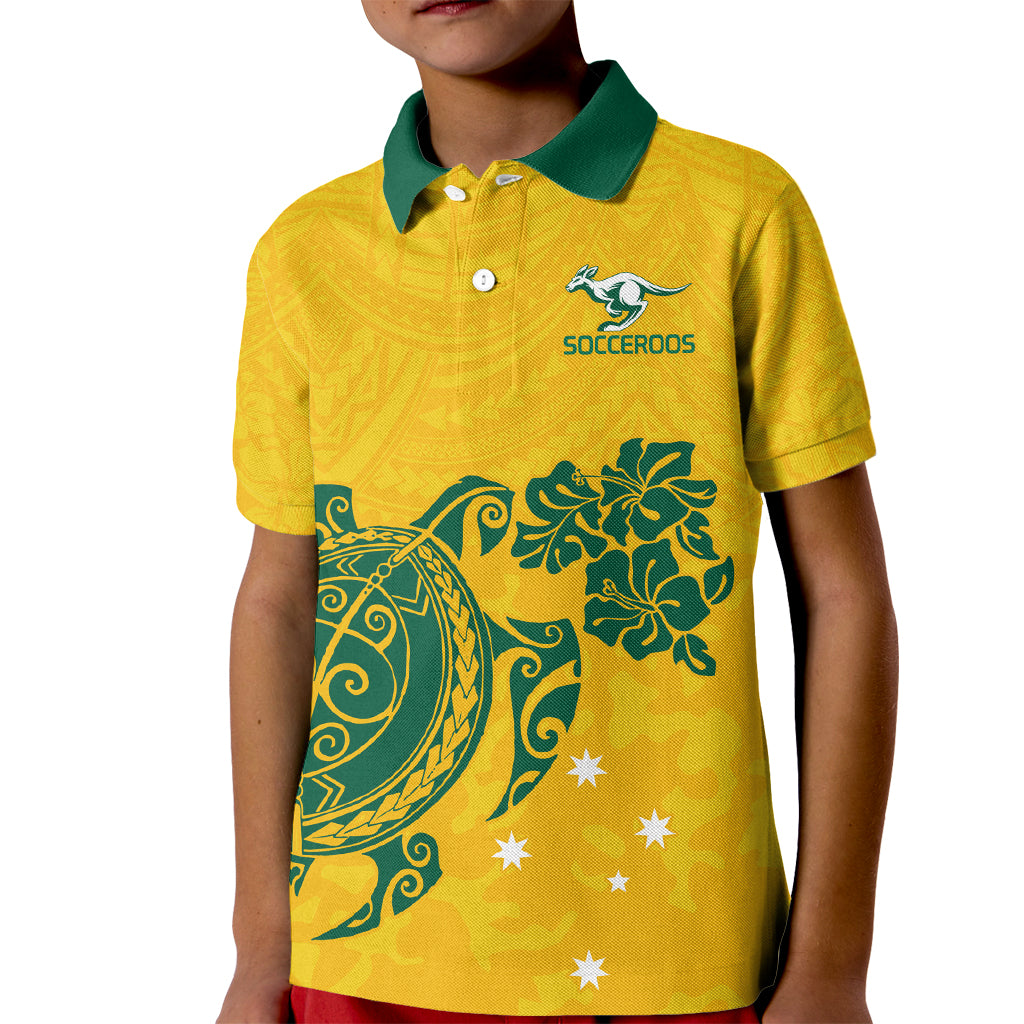 custom-australia-soccer-kid-polo-shirt-socceroos-hibiscus-and-turtle-with-polynesian-pattern