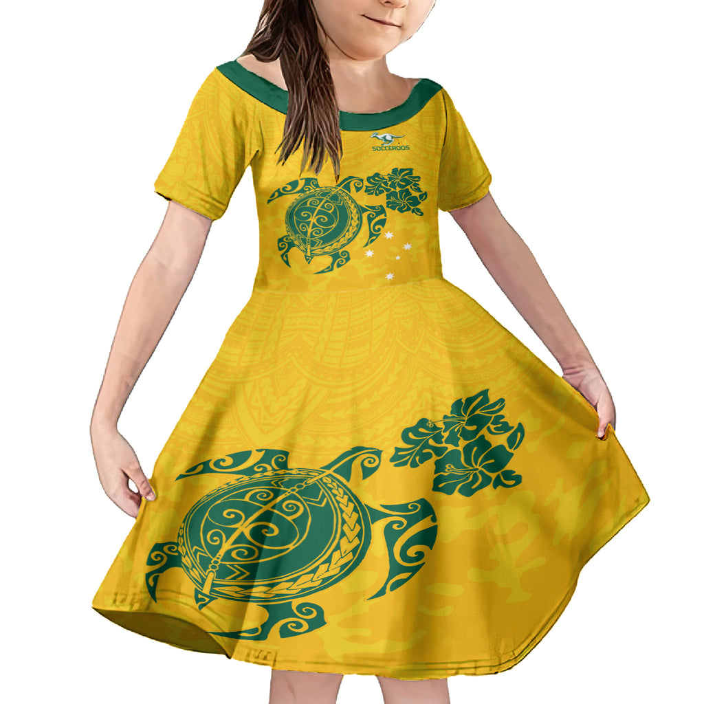 custom-australia-soccer-kid-short-sleeve-dress-socceroos-hibiscus-and-turtle-with-polynesian-pattern