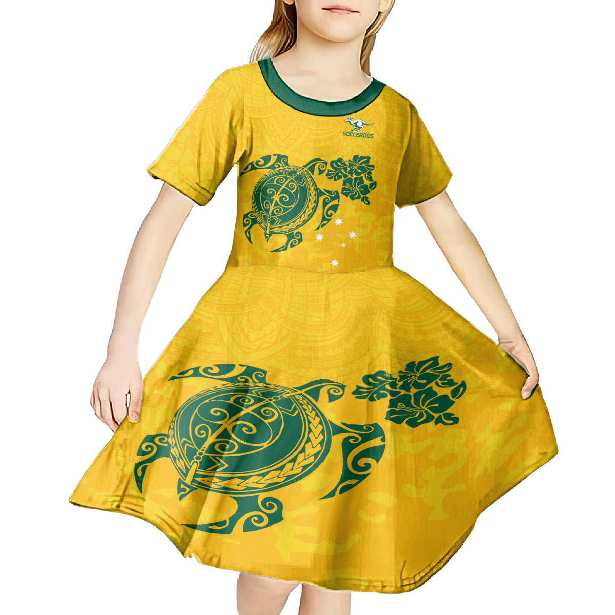 custom-australia-soccer-kid-short-sleeve-dress-socceroos-hibiscus-and-turtle-with-polynesian-pattern
