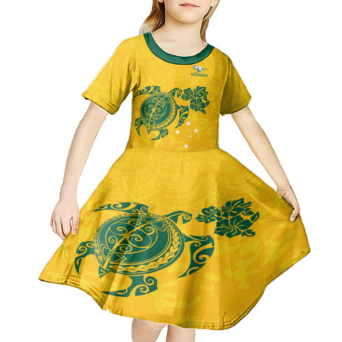 custom-australia-soccer-kid-short-sleeve-dress-socceroos-hibiscus-and-turtle-with-polynesian-pattern