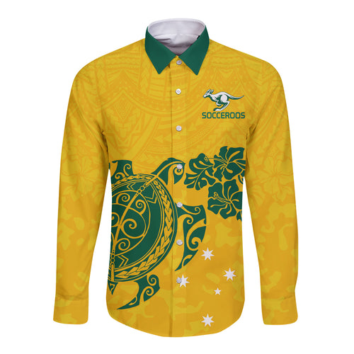 custom-australia-soccer-long-sleeve-button-shirt-socceroos-hibiscus-and-turtle-with-polynesian-pattern