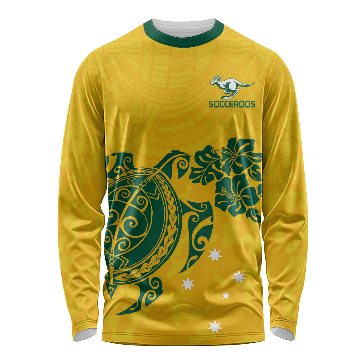 custom-australia-soccer-long-sleeve-shirt-socceroos-hibiscus-and-turtle-with-polynesian-pattern