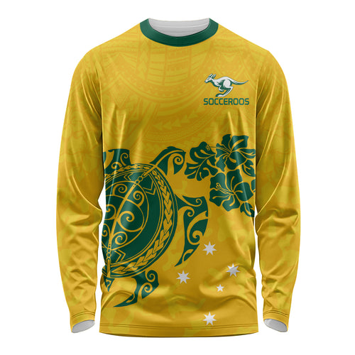 custom-australia-soccer-long-sleeve-shirt-socceroos-hibiscus-and-turtle-with-polynesian-pattern