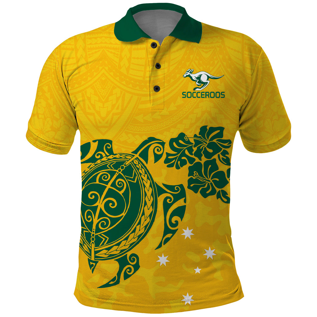 custom-australia-soccer-polo-shirt-socceroos-hibiscus-and-turtle-with-polynesian-pattern
