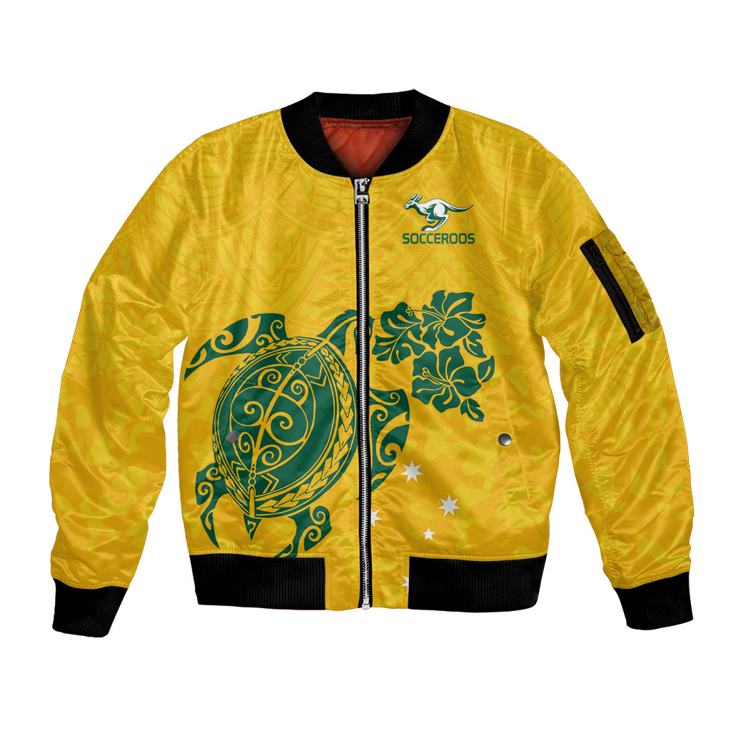 custom-australia-soccer-sleeve-zip-bomber-jacket-socceroos-hibiscus-and-turtle-with-polynesian-pattern