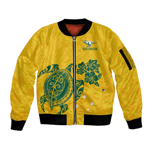 custom-australia-soccer-sleeve-zip-bomber-jacket-socceroos-hibiscus-and-turtle-with-polynesian-pattern