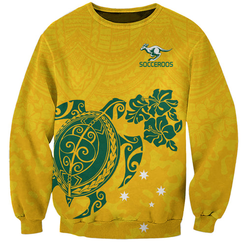 custom-australia-soccer-sweatshirt-socceroos-hibiscus-and-turtle-with-polynesian-pattern