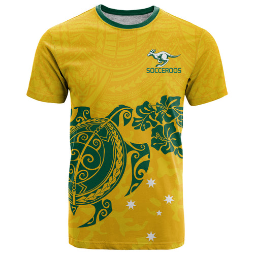 custom-australia-soccer-t-shirt-socceroos-hibiscus-and-turtle-with-polynesian-pattern