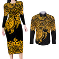 custom-australia-matildas-couples-matching-long-sleeve-bodycon-dress-and-long-sleeve-button-shirt-hibiscus-and-turtle-with-polynesian-pattern