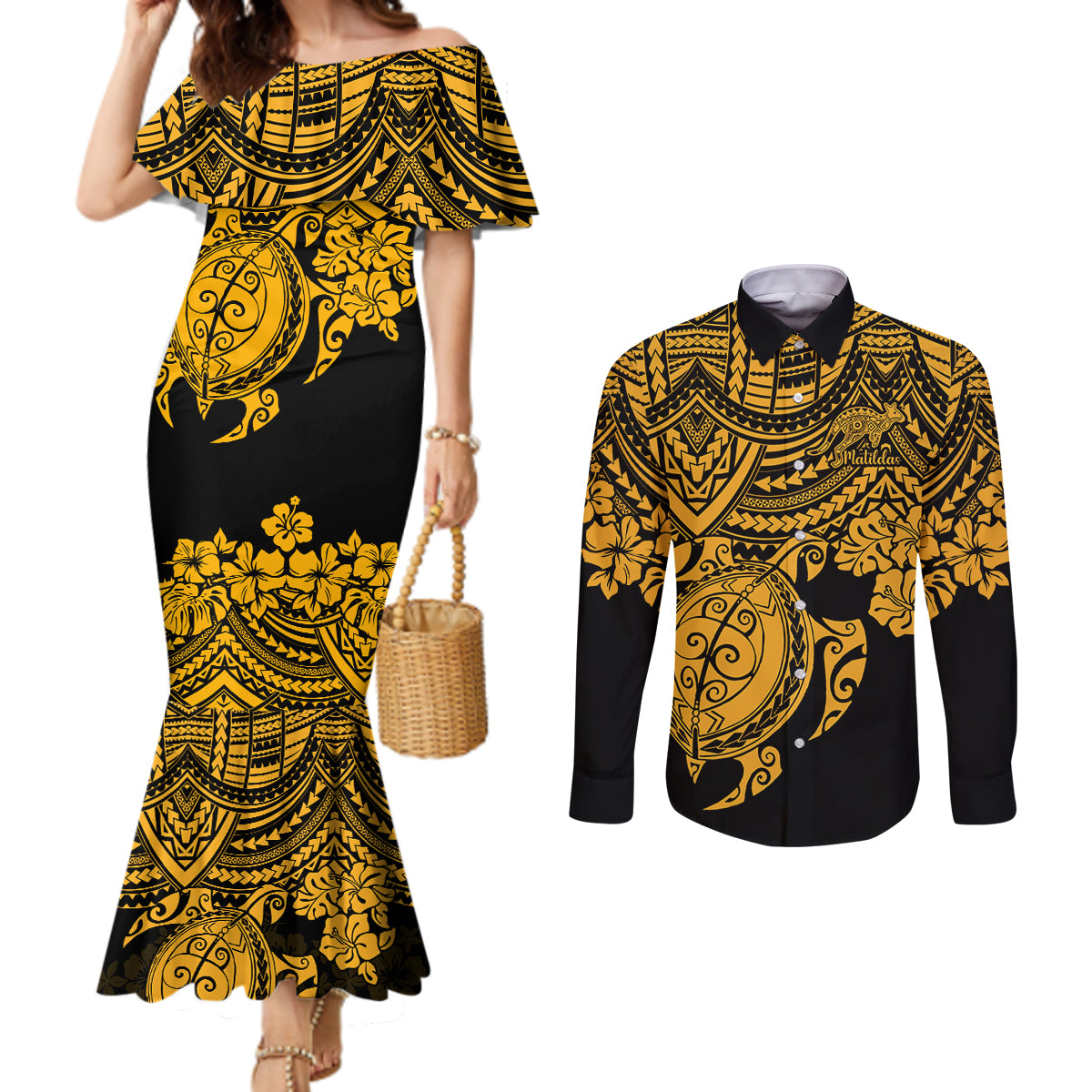 custom-australia-matildas-couples-matching-mermaid-dress-and-long-sleeve-button-shirt-hibiscus-and-turtle-with-polynesian-pattern