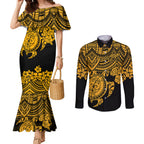 custom-australia-matildas-couples-matching-mermaid-dress-and-long-sleeve-button-shirt-hibiscus-and-turtle-with-polynesian-pattern