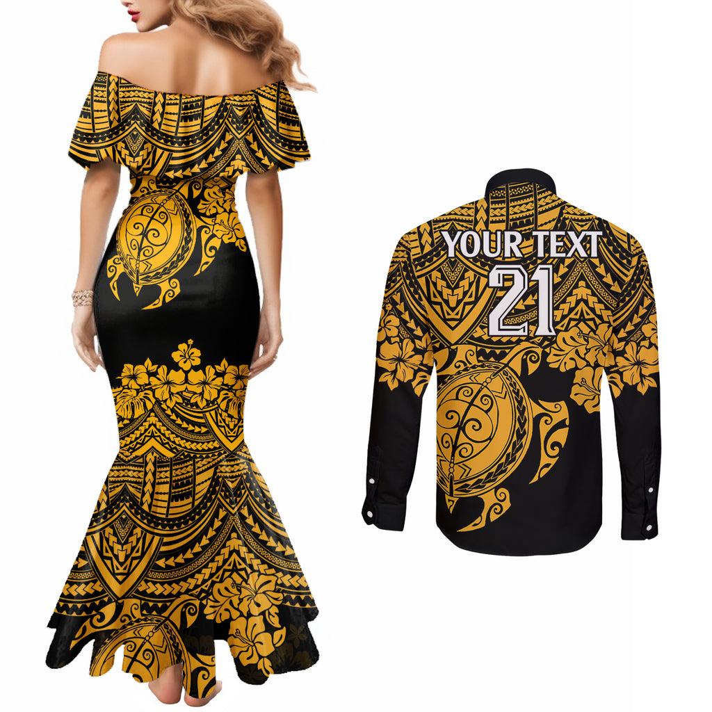 custom-australia-matildas-couples-matching-mermaid-dress-and-long-sleeve-button-shirt-hibiscus-and-turtle-with-polynesian-pattern