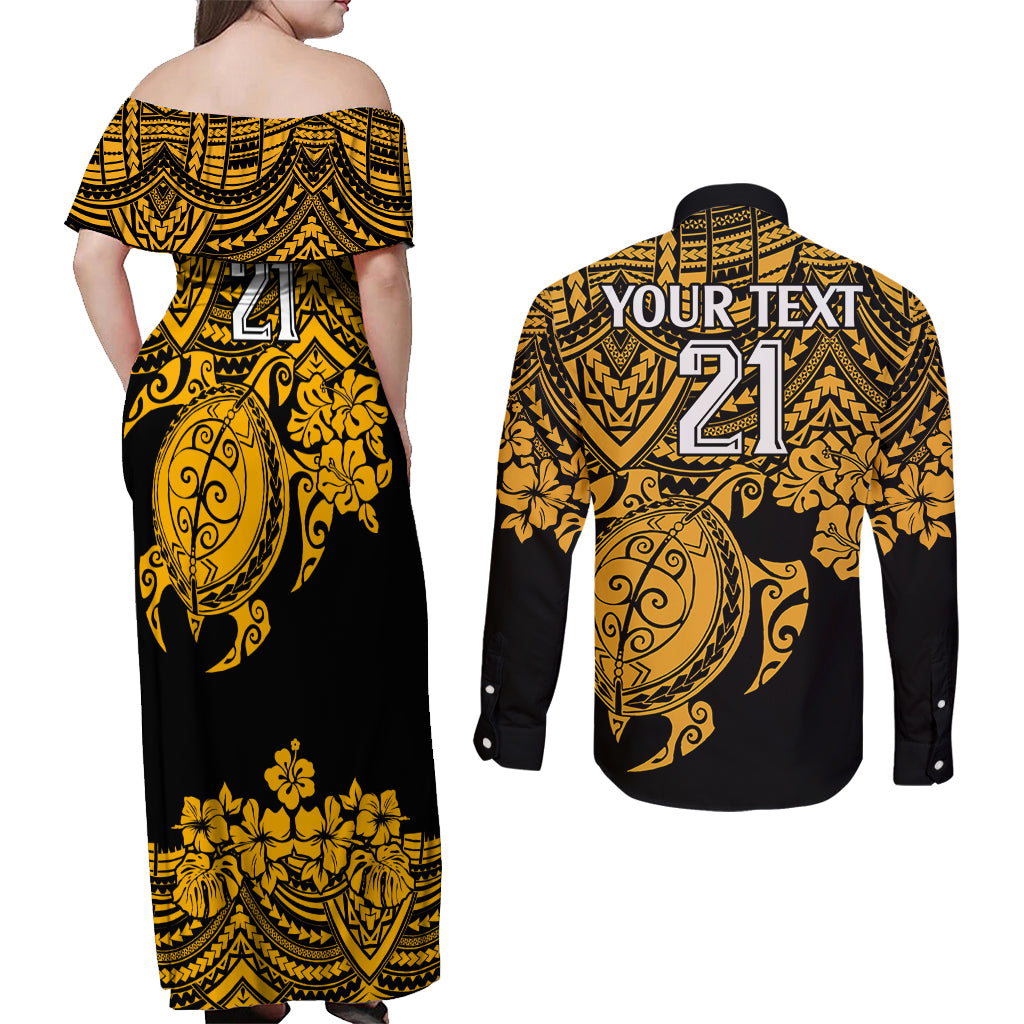 custom-australia-matildas-couples-matching-off-shoulder-maxi-dress-and-long-sleeve-button-shirt-hibiscus-and-turtle-with-polynesian-pattern