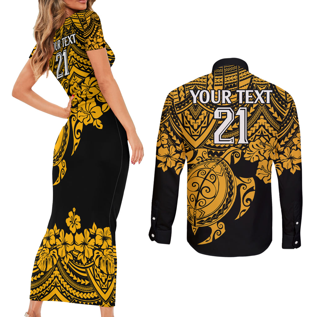 custom-australia-matildas-couples-matching-short-sleeve-bodycon-dress-and-long-sleeve-button-shirt-hibiscus-and-turtle-with-polynesian-pattern