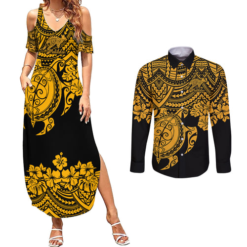 custom-australia-matildas-couples-matching-summer-maxi-dress-and-long-sleeve-button-shirt-hibiscus-and-turtle-with-polynesian-pattern