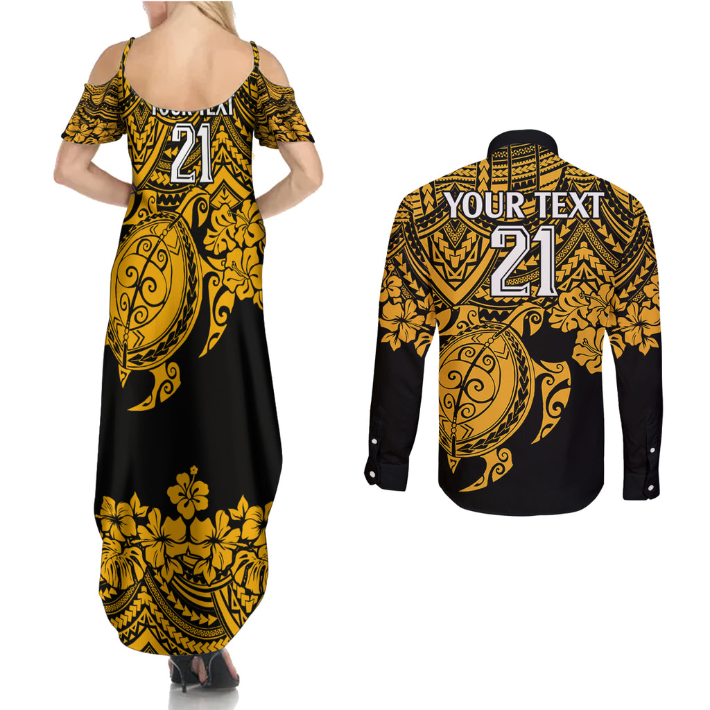 custom-australia-matildas-couples-matching-summer-maxi-dress-and-long-sleeve-button-shirt-hibiscus-and-turtle-with-polynesian-pattern