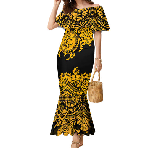 custom-australia-matildas-family-matching-mermaid-dress-and-hawaiian-shirt-hibiscus-and-turtle-with-polynesian-pattern