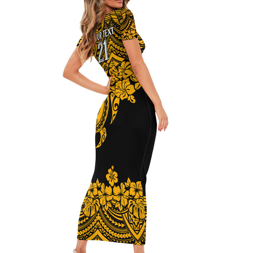 custom-australia-matildas-family-matching-short-sleeve-bodycon-dress-and-hawaiian-shirt-hibiscus-and-turtle-with-polynesian-pattern