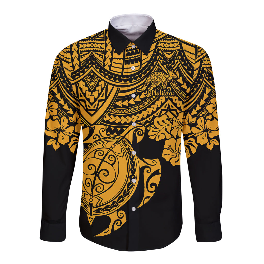 custom-australia-matildas-long-sleeve-button-shirt-hibiscus-and-turtle-with-polynesian-pattern