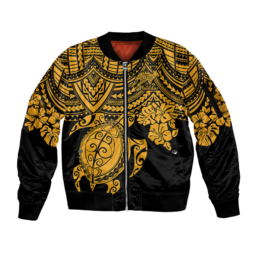 custom-australia-matildas-sleeve-zip-bomber-jacket-hibiscus-and-turtle-with-polynesian-pattern