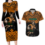 cusrom-australia-wallabies-rugby-couples-matching-long-sleeve-bodycon-dress-and-hawaiian-shirt-hibiscus-and-turtle-with-polynesian-pattern