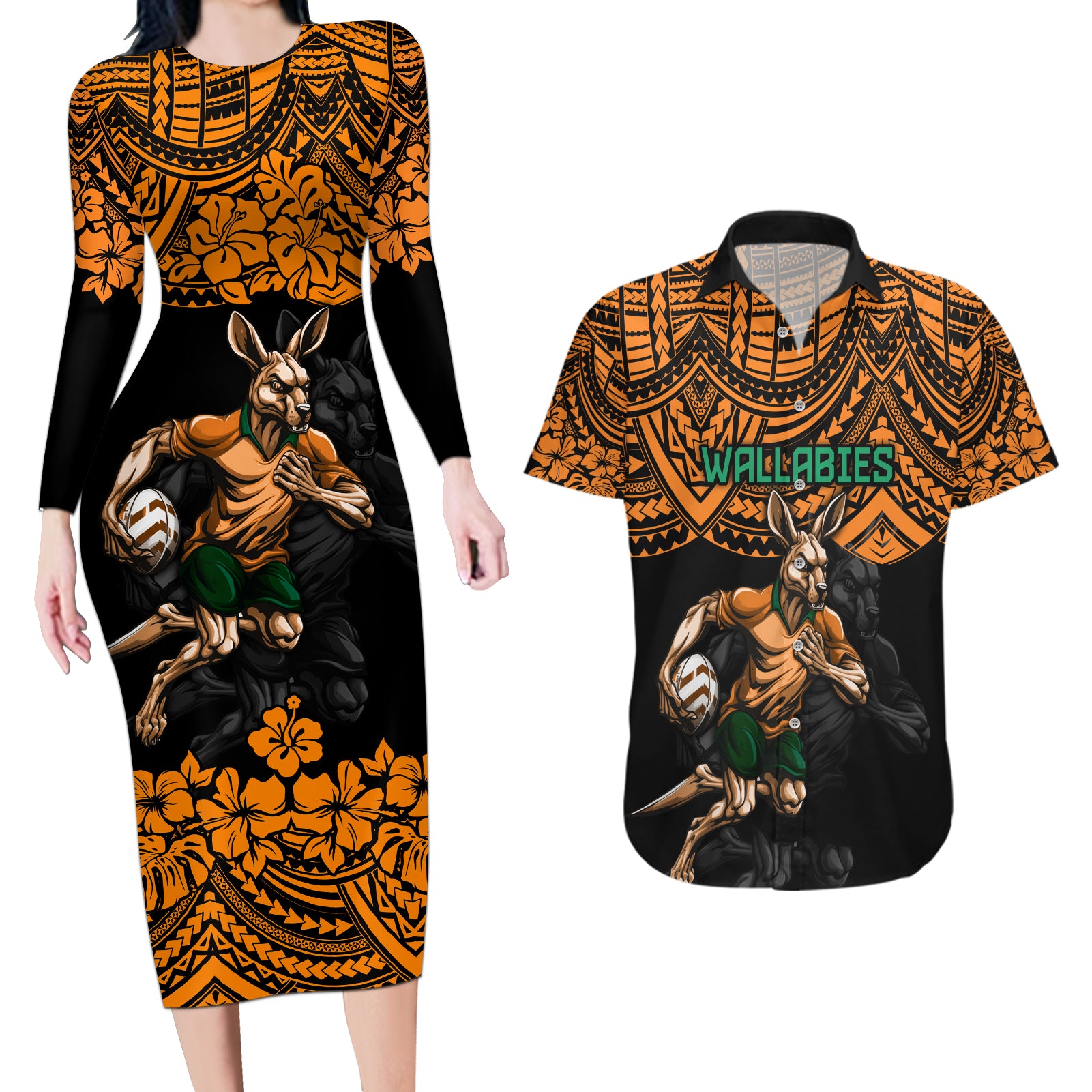 cusrom-australia-wallabies-rugby-couples-matching-long-sleeve-bodycon-dress-and-hawaiian-shirt-hibiscus-and-turtle-with-polynesian-pattern