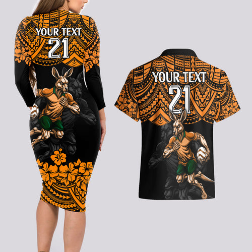 cusrom-australia-wallabies-rugby-couples-matching-long-sleeve-bodycon-dress-and-hawaiian-shirt-hibiscus-and-turtle-with-polynesian-pattern