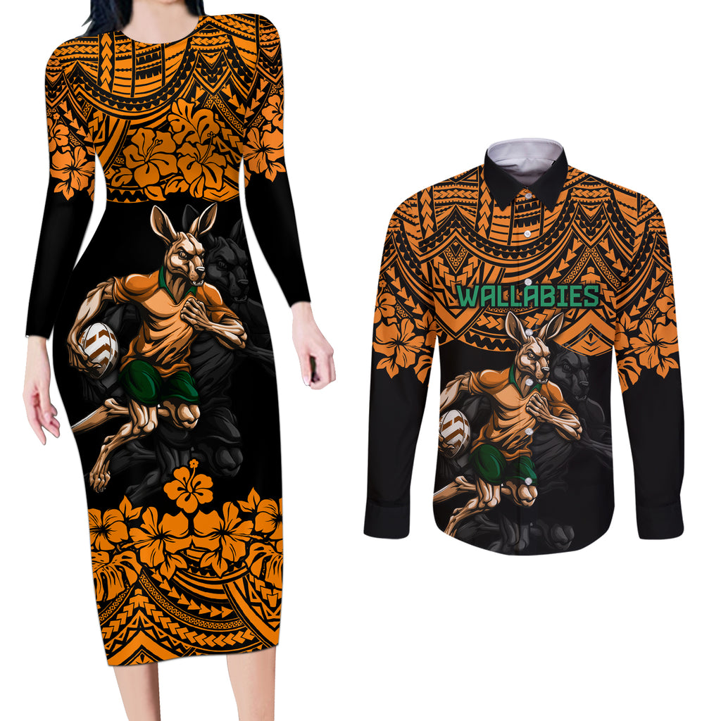 cusrom-australia-wallabies-rugby-couples-matching-long-sleeve-bodycon-dress-and-long-sleeve-button-shirt-hibiscus-and-turtle-with-polynesian-pattern