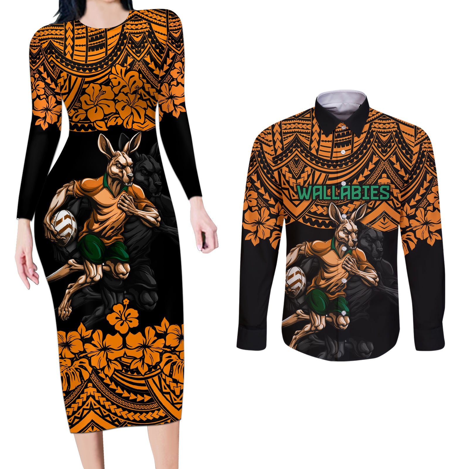 cusrom-australia-wallabies-rugby-couples-matching-long-sleeve-bodycon-dress-and-long-sleeve-button-shirt-hibiscus-and-turtle-with-polynesian-pattern