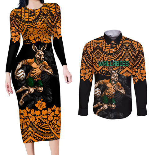 cusrom-australia-wallabies-rugby-couples-matching-long-sleeve-bodycon-dress-and-long-sleeve-button-shirt-hibiscus-and-turtle-with-polynesian-pattern