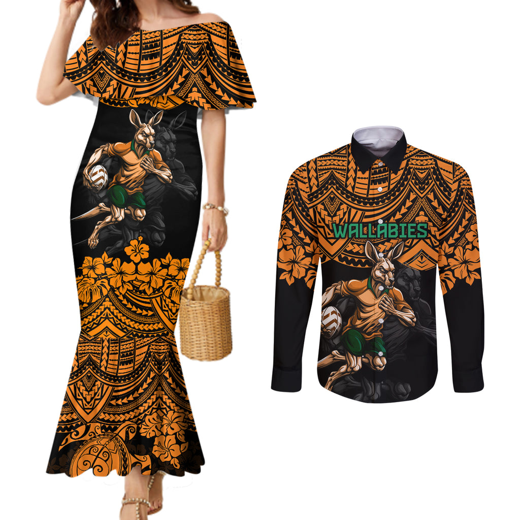 cusrom-australia-wallabies-rugby-couples-matching-mermaid-dress-and-long-sleeve-button-shirt-hibiscus-and-turtle-with-polynesian-pattern