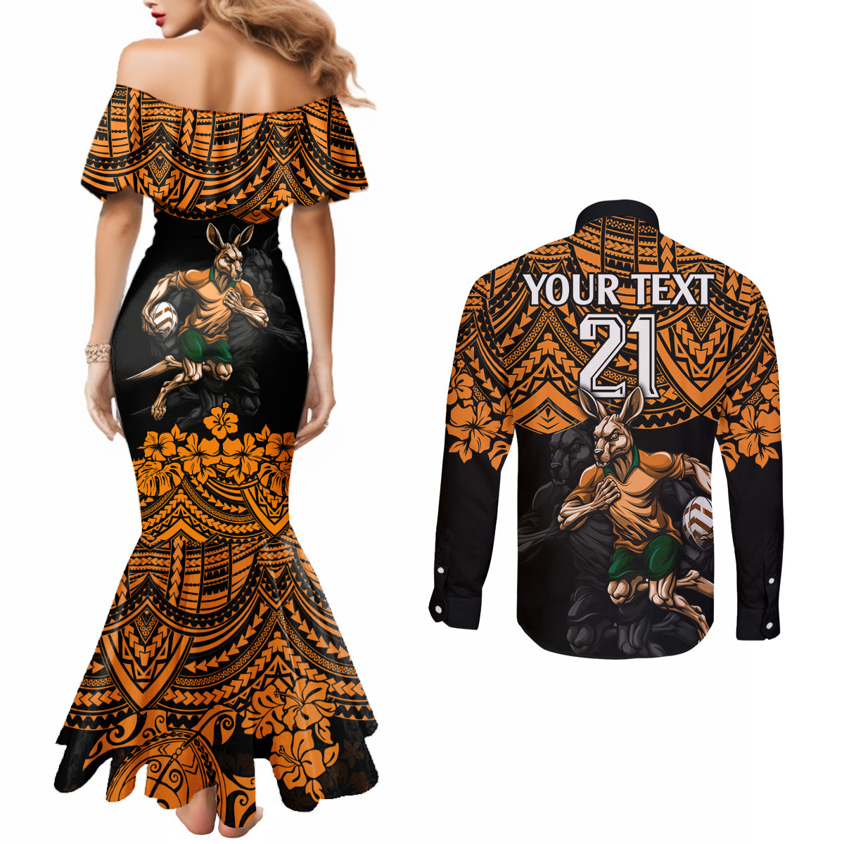 cusrom-australia-wallabies-rugby-couples-matching-mermaid-dress-and-long-sleeve-button-shirt-hibiscus-and-turtle-with-polynesian-pattern