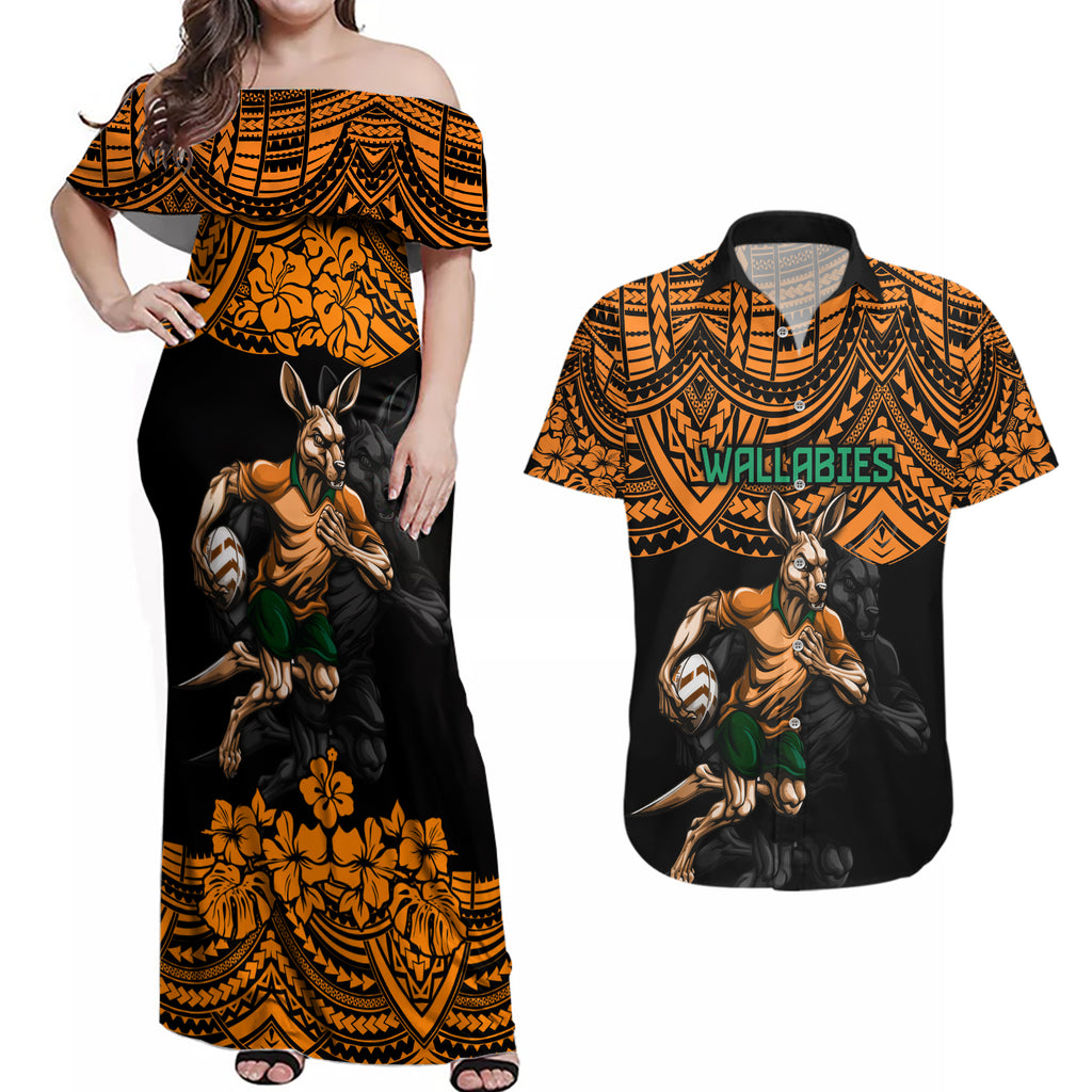 cusrom-australia-wallabies-rugby-couples-matching-off-shoulder-maxi-dress-and-hawaiian-shirt-hibiscus-and-turtle-with-polynesian-pattern