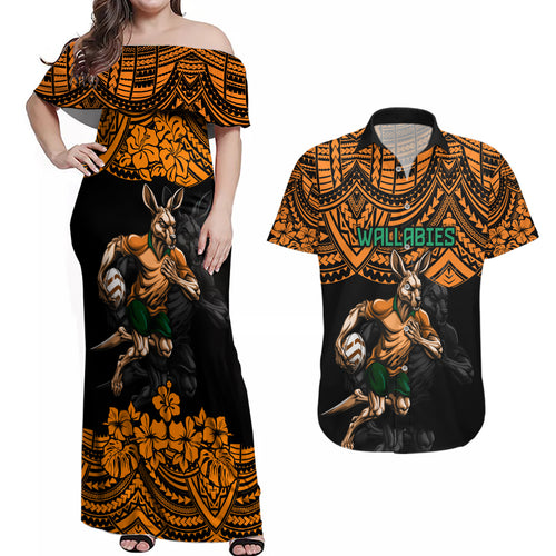 cusrom-australia-wallabies-rugby-couples-matching-off-shoulder-maxi-dress-and-hawaiian-shirt-hibiscus-and-turtle-with-polynesian-pattern