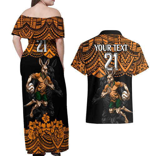 cusrom-australia-wallabies-rugby-couples-matching-off-shoulder-maxi-dress-and-hawaiian-shirt-hibiscus-and-turtle-with-polynesian-pattern