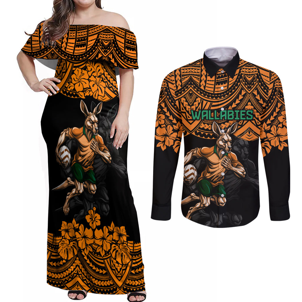 cusrom-australia-wallabies-rugby-couples-matching-off-shoulder-maxi-dress-and-long-sleeve-button-shirt-hibiscus-and-turtle-with-polynesian-pattern