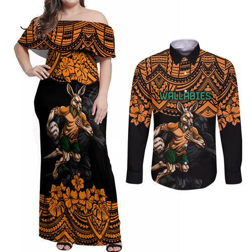 cusrom-australia-wallabies-rugby-couples-matching-off-shoulder-maxi-dress-and-long-sleeve-button-shirt-hibiscus-and-turtle-with-polynesian-pattern