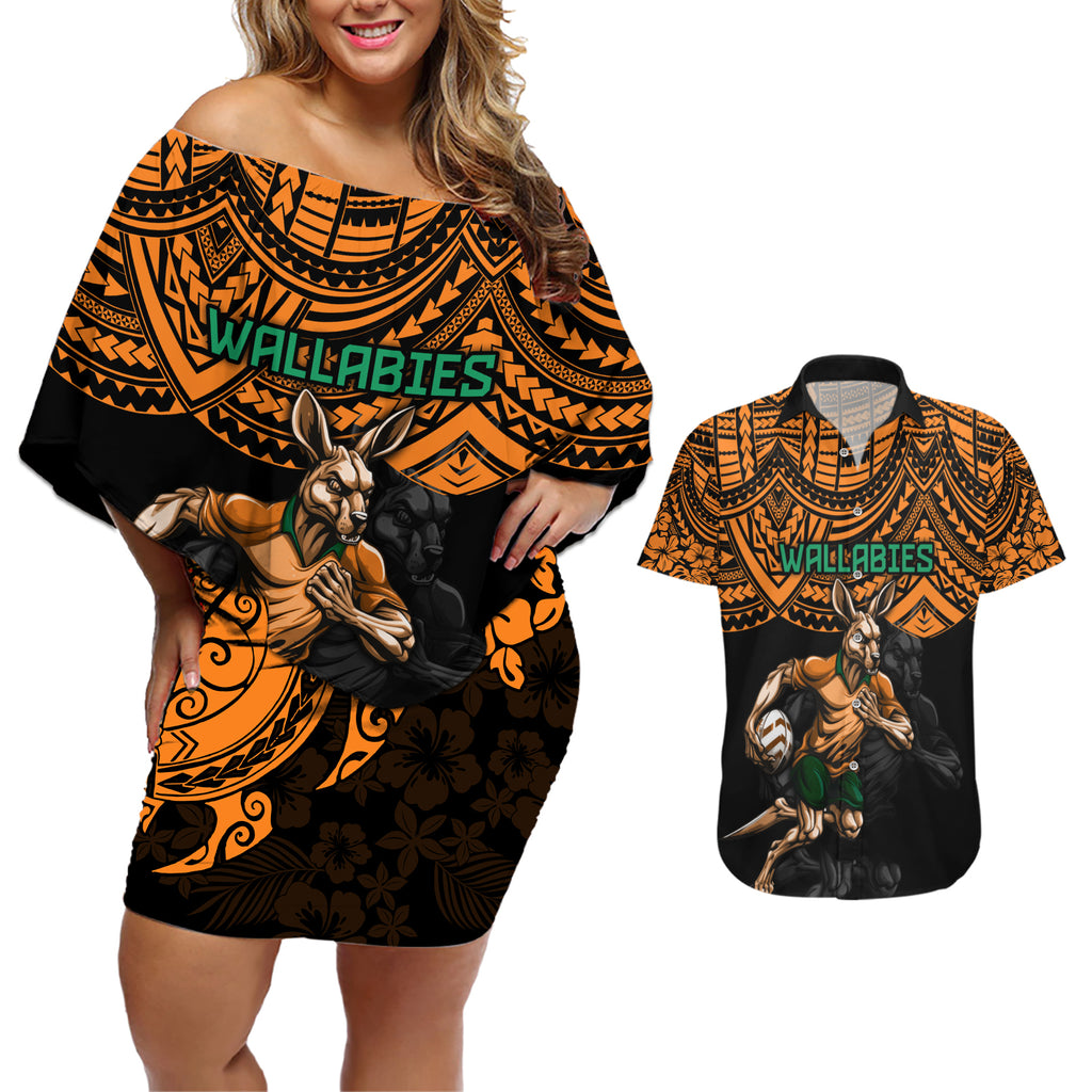 cusrom-australia-wallabies-rugby-couples-matching-off-shoulder-short-dress-and-hawaiian-shirt-hibiscus-and-turtle-with-polynesian-pattern