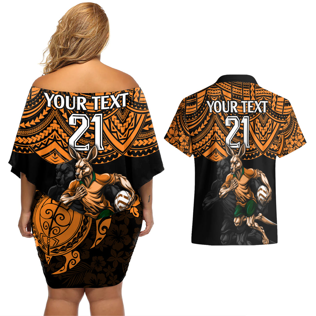 cusrom-australia-wallabies-rugby-couples-matching-off-shoulder-short-dress-and-hawaiian-shirt-hibiscus-and-turtle-with-polynesian-pattern