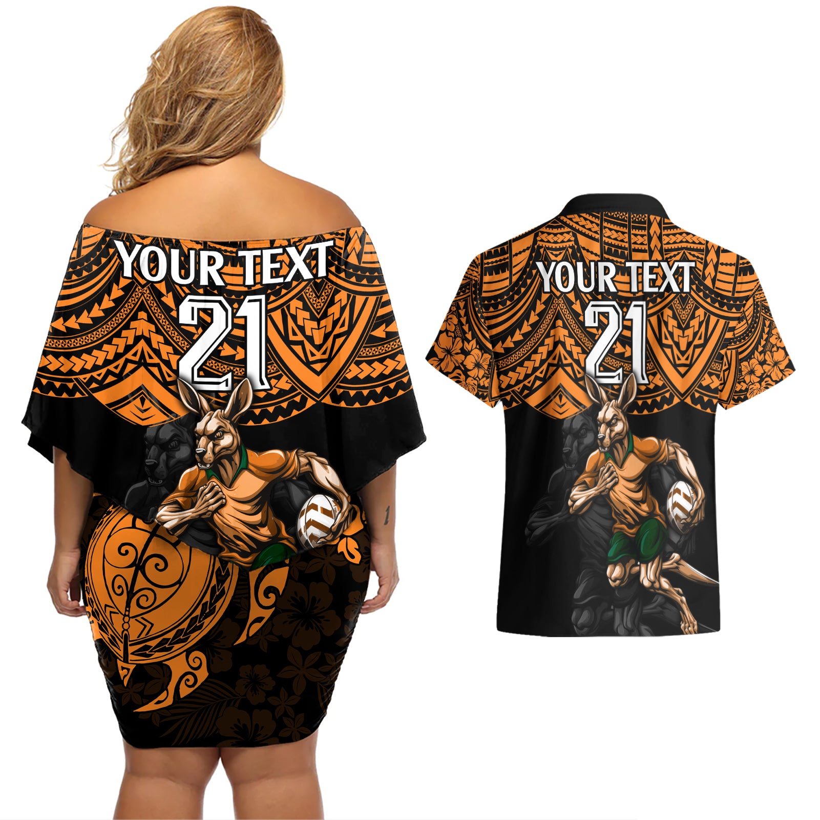 cusrom-australia-wallabies-rugby-couples-matching-off-shoulder-short-dress-and-hawaiian-shirt-hibiscus-and-turtle-with-polynesian-pattern