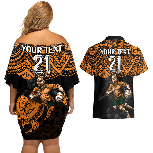 cusrom-australia-wallabies-rugby-couples-matching-off-shoulder-short-dress-and-hawaiian-shirt-hibiscus-and-turtle-with-polynesian-pattern